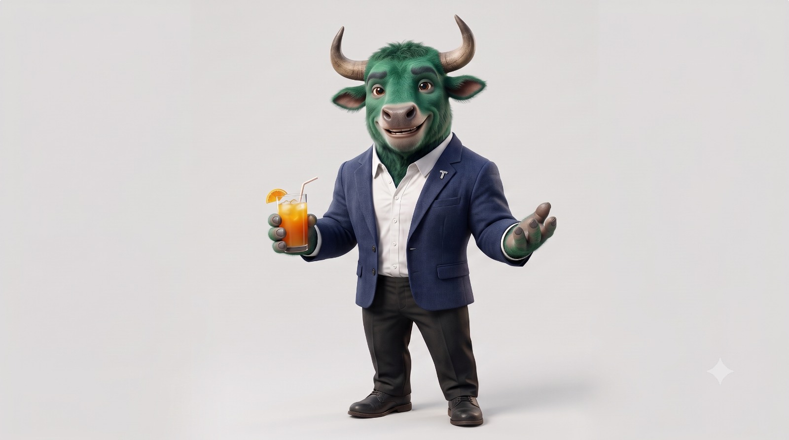 TradeMann's mascot: a friendly green bull in a navy blazer, holding a drink and gesturing a welcome
